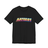 Black t-shirt with colorful 'AATEE81' text on a white background
