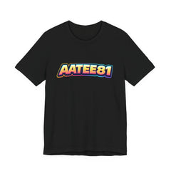 Black t-shirt with colorful 'AATEE81' text on a white background