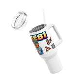 White tumbler with colorful graphics and text on a white background