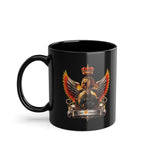 Black mug with a lion emblem featuring wings and a crown on a white background