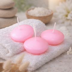 Pink floating candles on a stone surface with a blurred natural background
