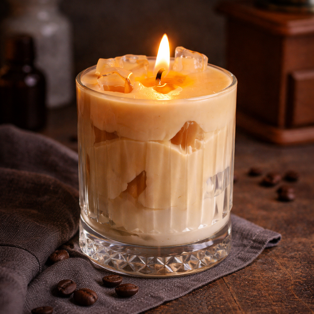Candle in a glass holder with coffee beans on a wooden surface