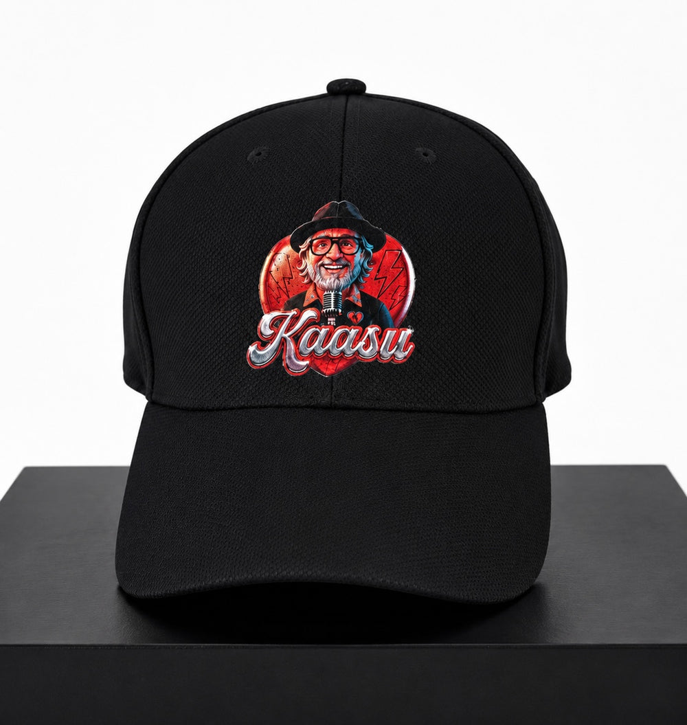 Black cap with embroidered design and 'Kaasu' text on a white background