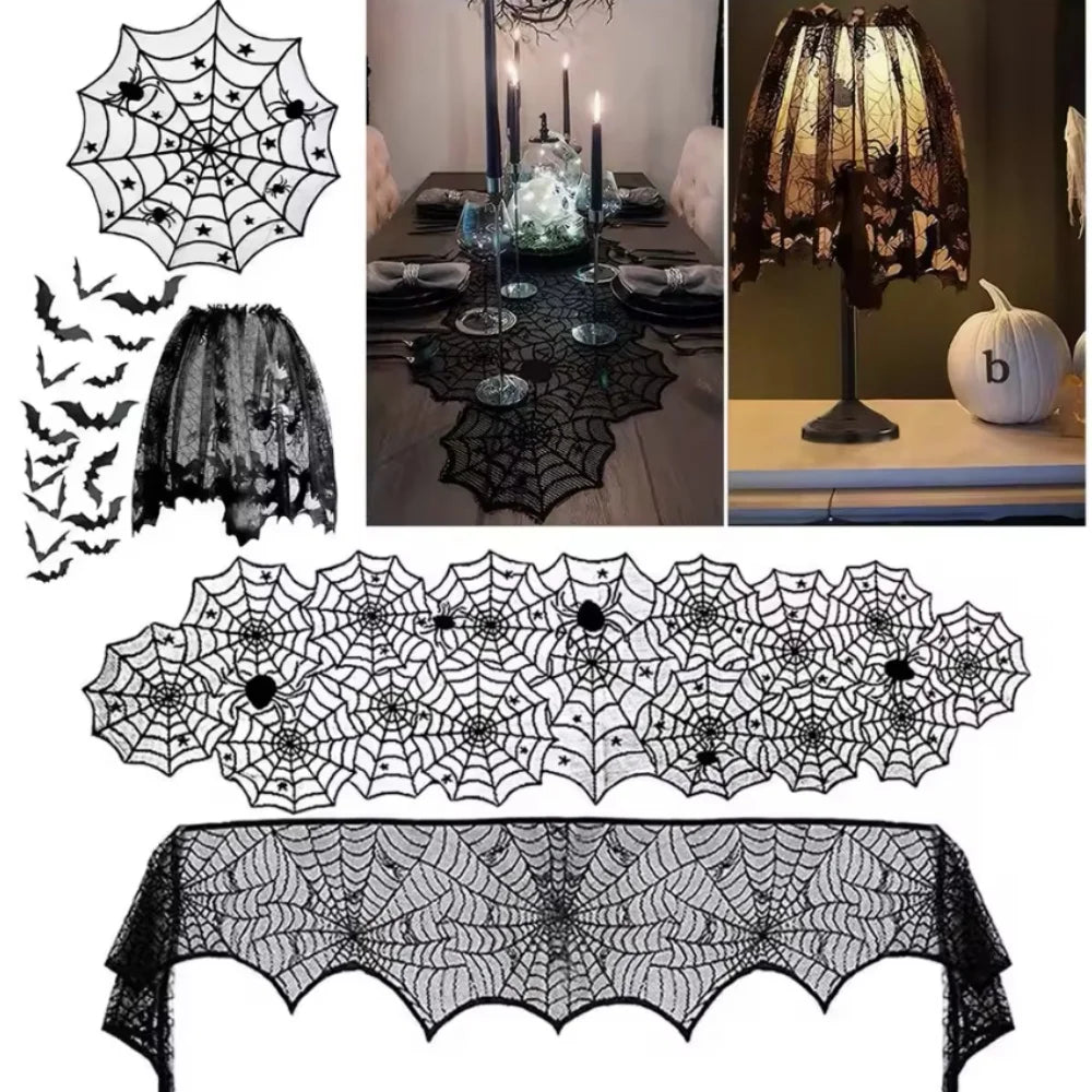 Black Lace Spider Web Halloween Table Runner - candletown.net