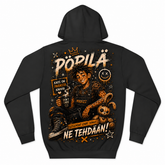 A black pullover hoodie shown from the back, featuring a large graphic print in orange, white, and brown tones. The graphic includes the word 'POPILÄ' at the top, a cartoon-style seated figure, a teddy bear, stars, and Finnish text.