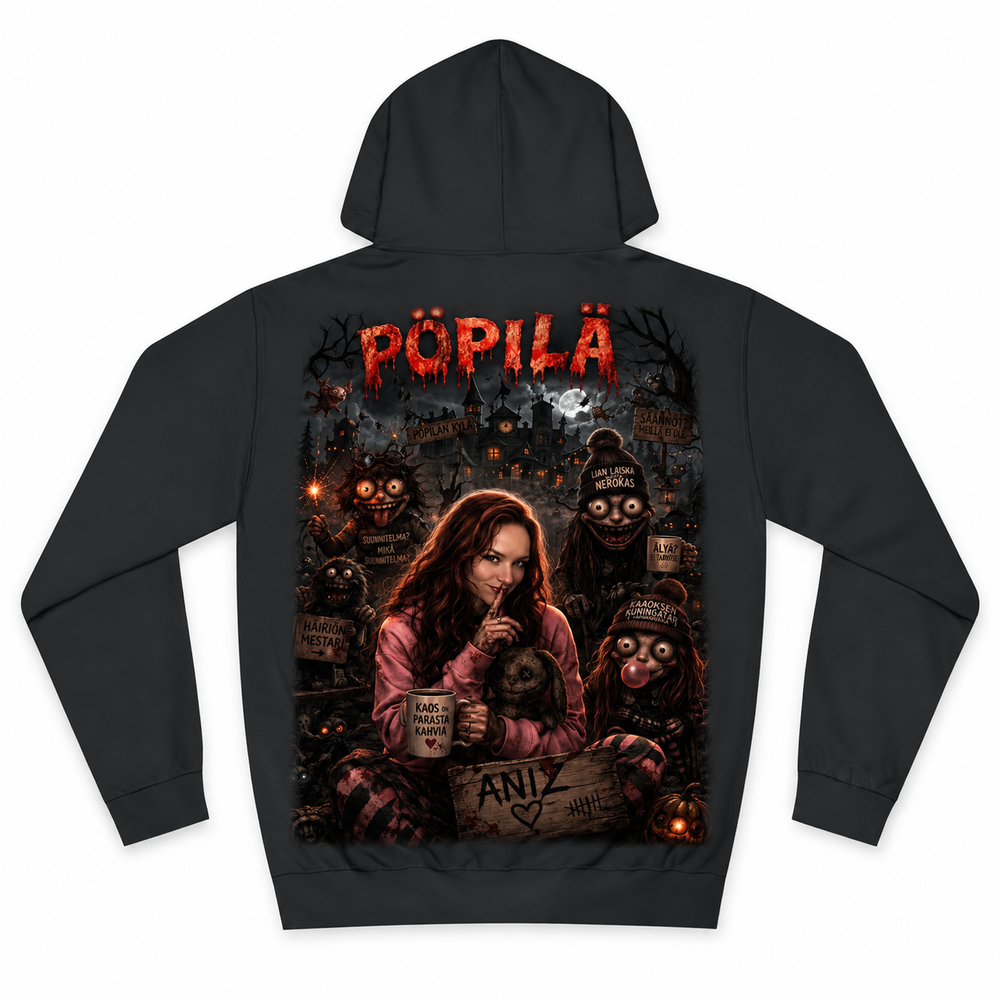 A black pullover hoodie shown from the back, featuring a large graphic print with the word 'PÖPILÄ' in dripping red letters above a dark illustrated scene with a woman and several creepy faces.