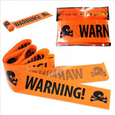 Orange warning tape with black text and skull designs on a white background