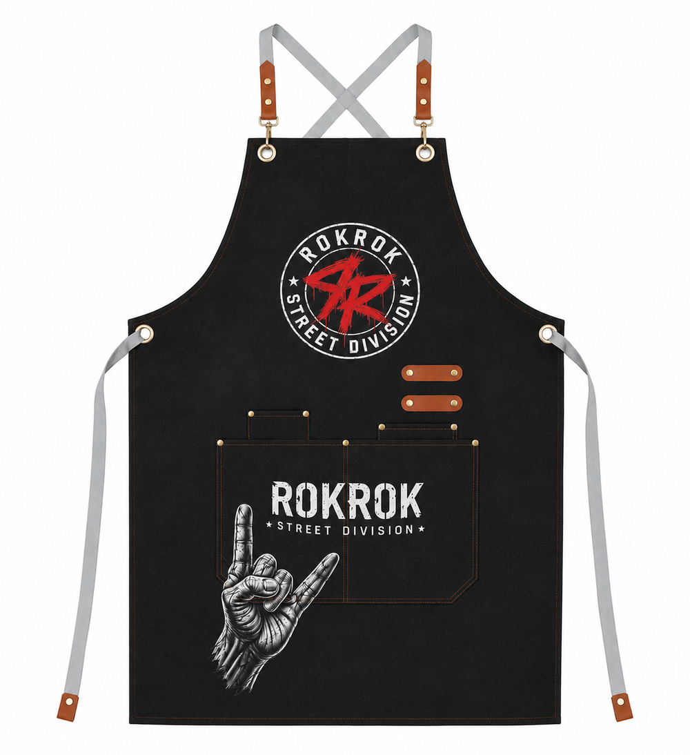 A black apron with gray straps and brown leather accents, featuring 'ROKROK STREET DIVISION' graphics on the chest and front pocket.