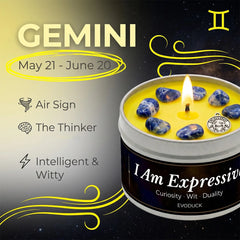 Candle in a tin labeled 'I Am Expressive' with Gemini zodiac information on a dark background