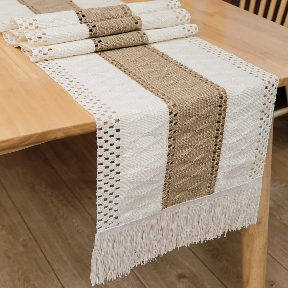 Boho Farmhouse Linen Table Runner with Tassels - candletown.net