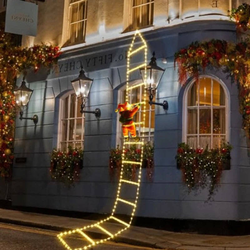 Decorated building facade with festive lights and ornaments on a street corner.