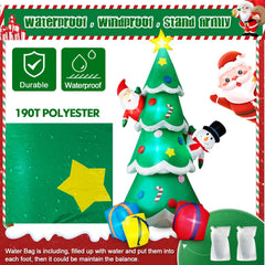 Inflatable Christmas tree with Santa Claus and snowman decorations, featuring waterproof and durable properties.