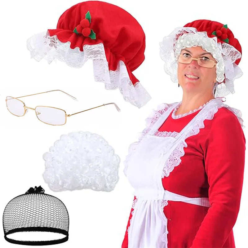 Person wearing a red and white costume with a hat, glasses, and apron, surrounded by additional accessories.