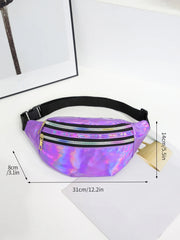 Holographic purple waist bag with black strap on a white background