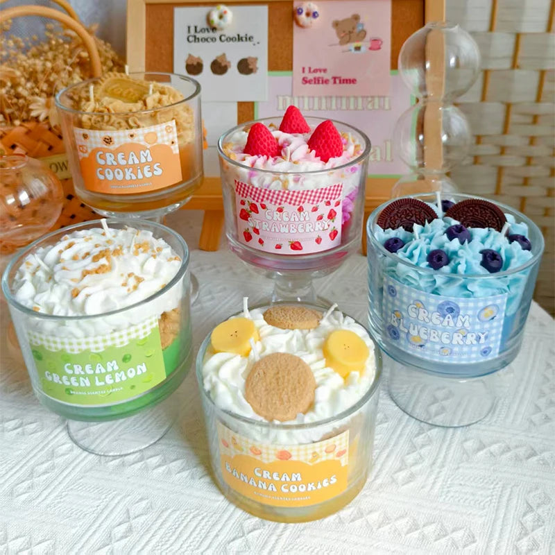 Set of small dessert jars with various flavors on a textured surface.