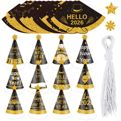6pcs Black & Gold 2026 New Year Paper Cone Hats