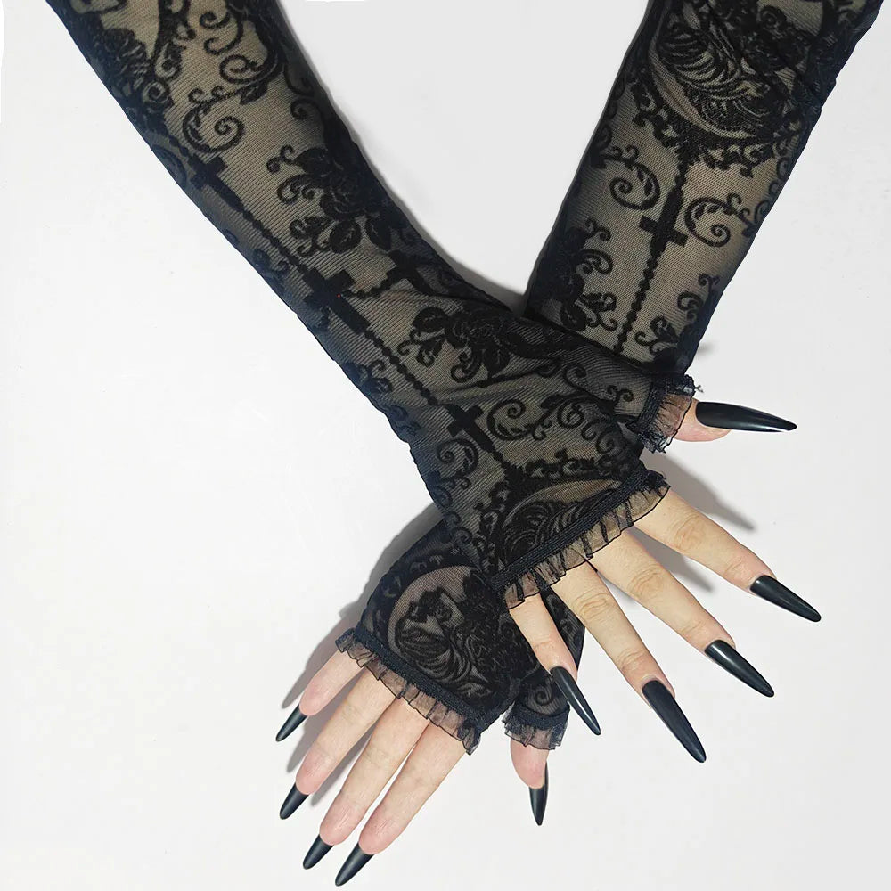 Skeleton Cross Lace Fingerless Gloves – Halloween Cosplay Accessory - candletown.net