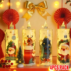 Four decorative candles with Christmas designs on a table, surrounded by festive decorations.