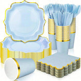 Party supplies including blue plates, cups, and cutlery with gold trim on a white background.