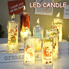 Decorative LED candles with Christmas designs on a table.