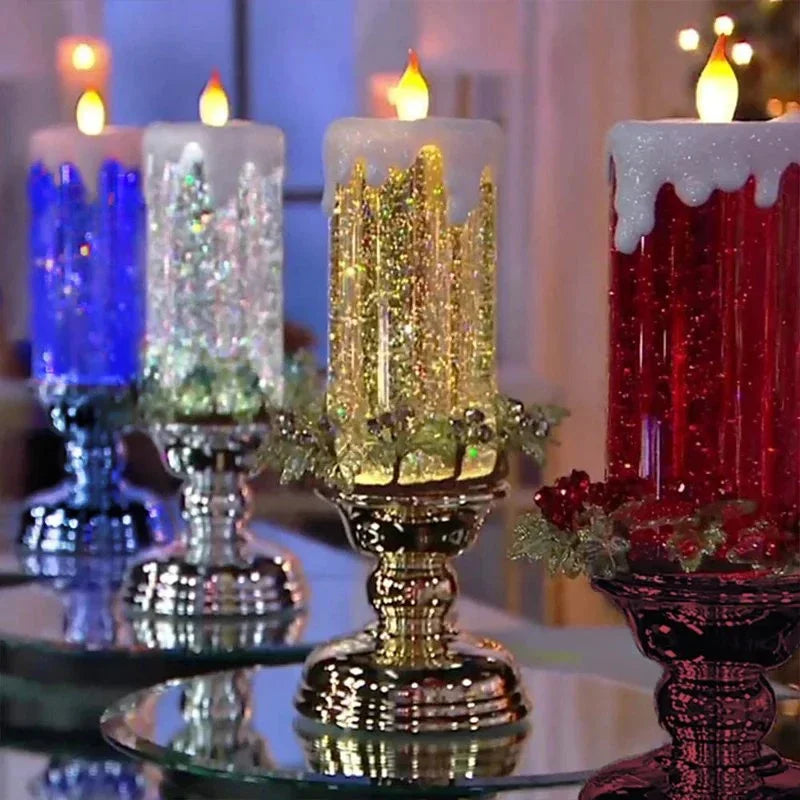 Decorative candles with colorful flames on a reflective surface
