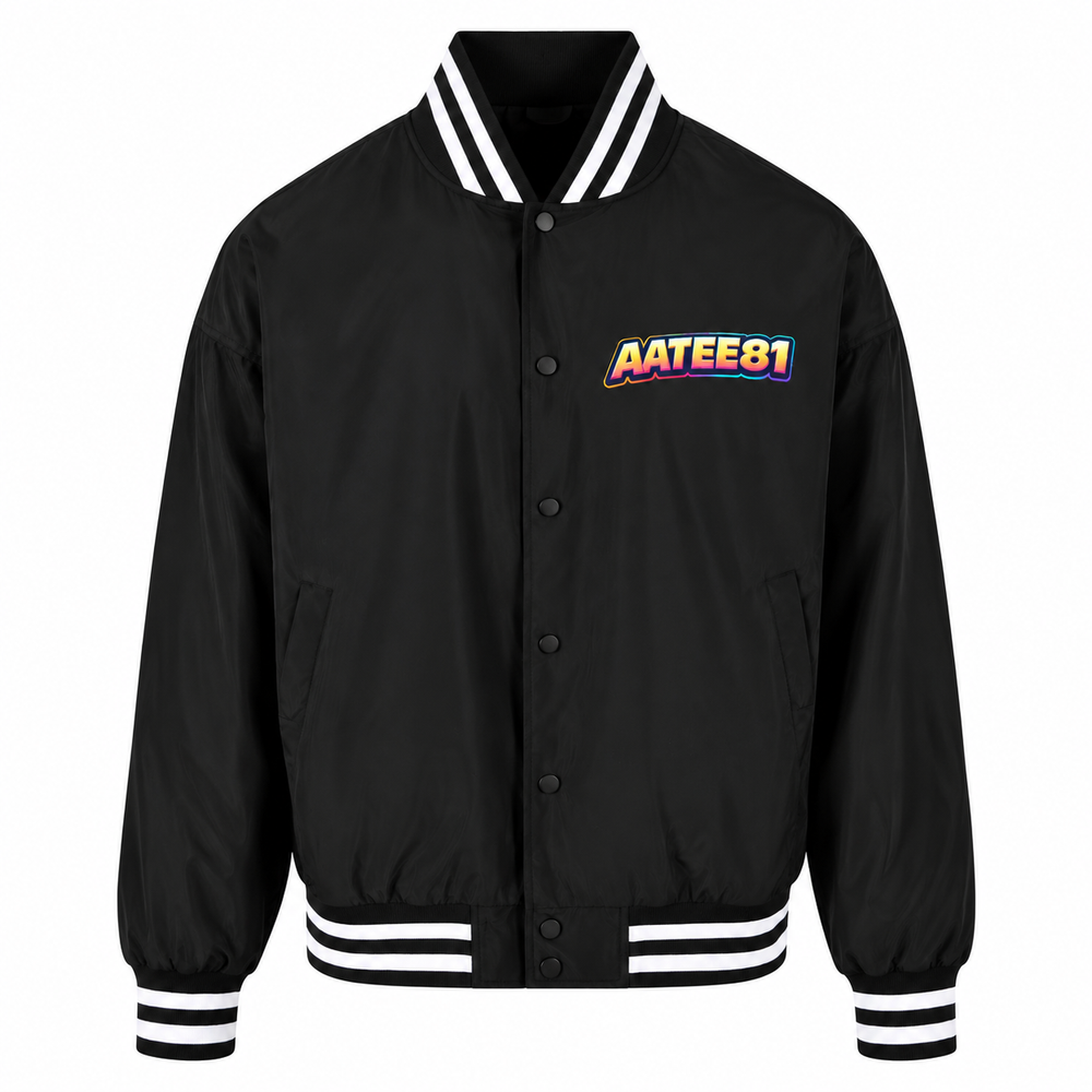 A black varsity-style bomber jacket with white striped ribbed collar, cuffs, and hem, featuring a colorful 'AATEE81' graphic on the left chest, displayed on a clean white background.