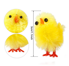 Two small yellow fluffy chicks with measurements on a white background