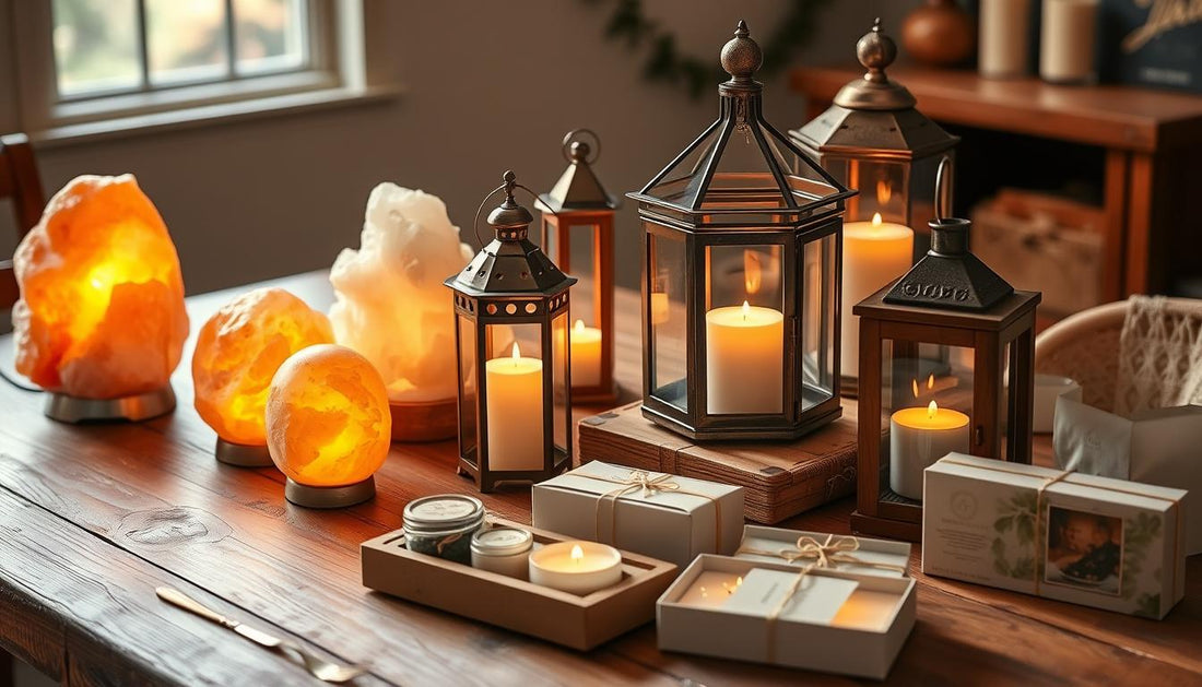 A collection of Father's Day gift ideas from Candletown including Himalayan salt lamps, lanterns, and candle gift sets arranged 