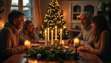 Family gathered around a table with Christmas candles creating a warm atmosphere