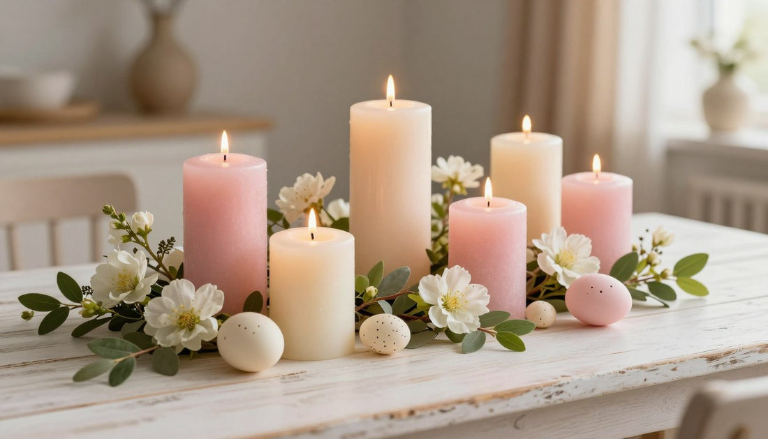 Beautiful easter candles arrangement with pastel spring decorations on rustic wooden table