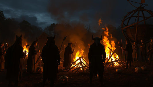 Ancient Celtic Samhain festival with bonfires and people in costumes celebrating the origins of Halloween