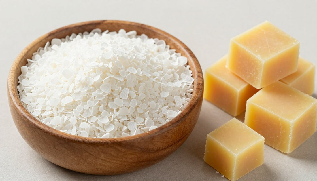 Pure soy wax flakes compared to paraffin wax showing the difference in soy wax purity