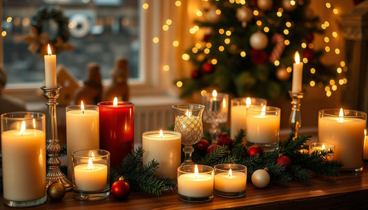 Assortment of Christmas candles and decorative lights creating a warm, festive atmosphere