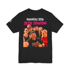 Black t-shirt with a graphic of people and text on the back, on a white background