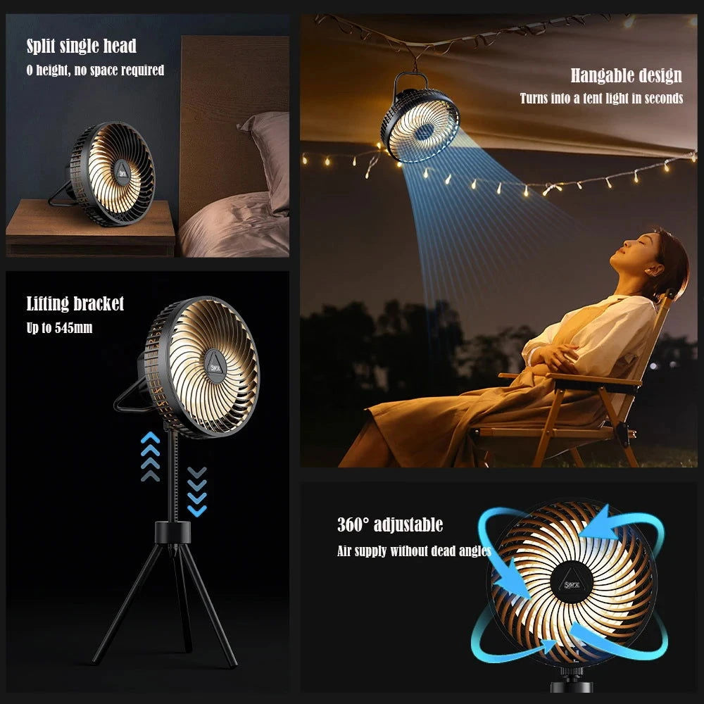 12000mAh Tripod Camping Fan Rechargeable Desktop Portable Circulator Wireless Ceiling Electric Fan with Power Bank LED Lighting - candletown.net