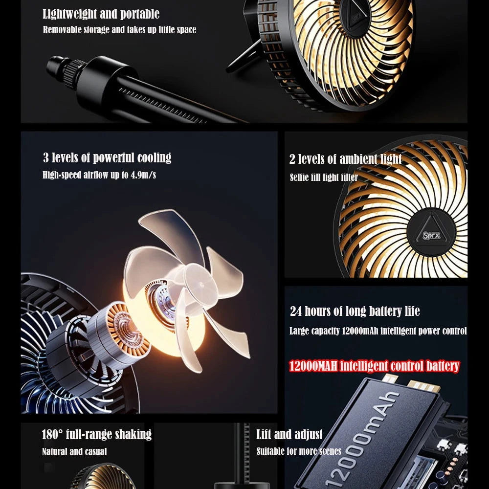12000mAh Tripod Camping Fan Rechargeable Desktop Portable Circulator Wireless Ceiling Electric Fan with Power Bank LED Lighting - candletown.net
