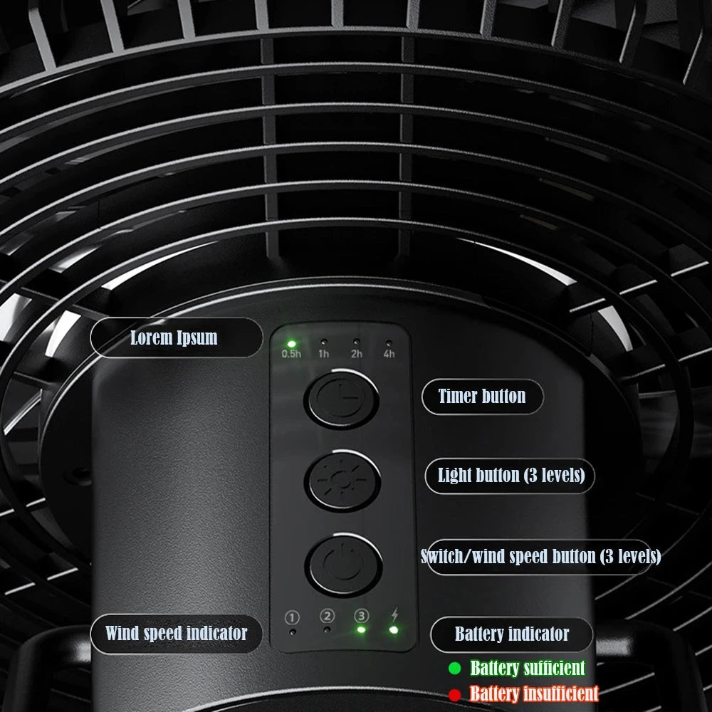 12000mAh Tripod Camping Fan Rechargeable Desktop Portable Circulator Wireless Ceiling Electric Fan with Power Bank LED Lighting - candletown.net