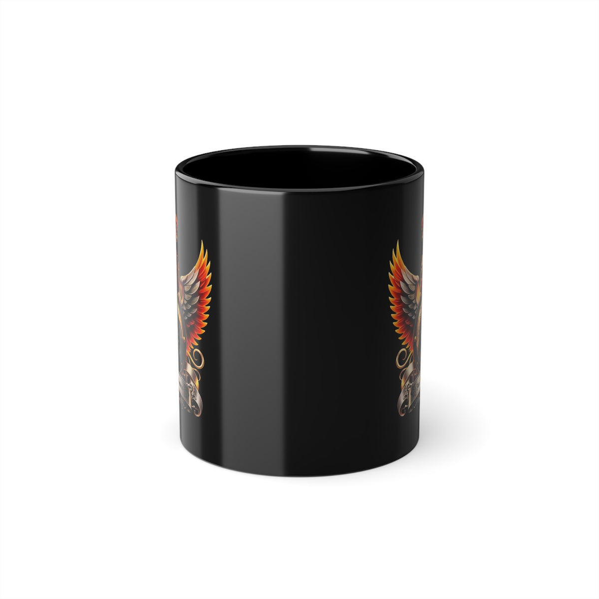 Black mug with colorful designs on a white background