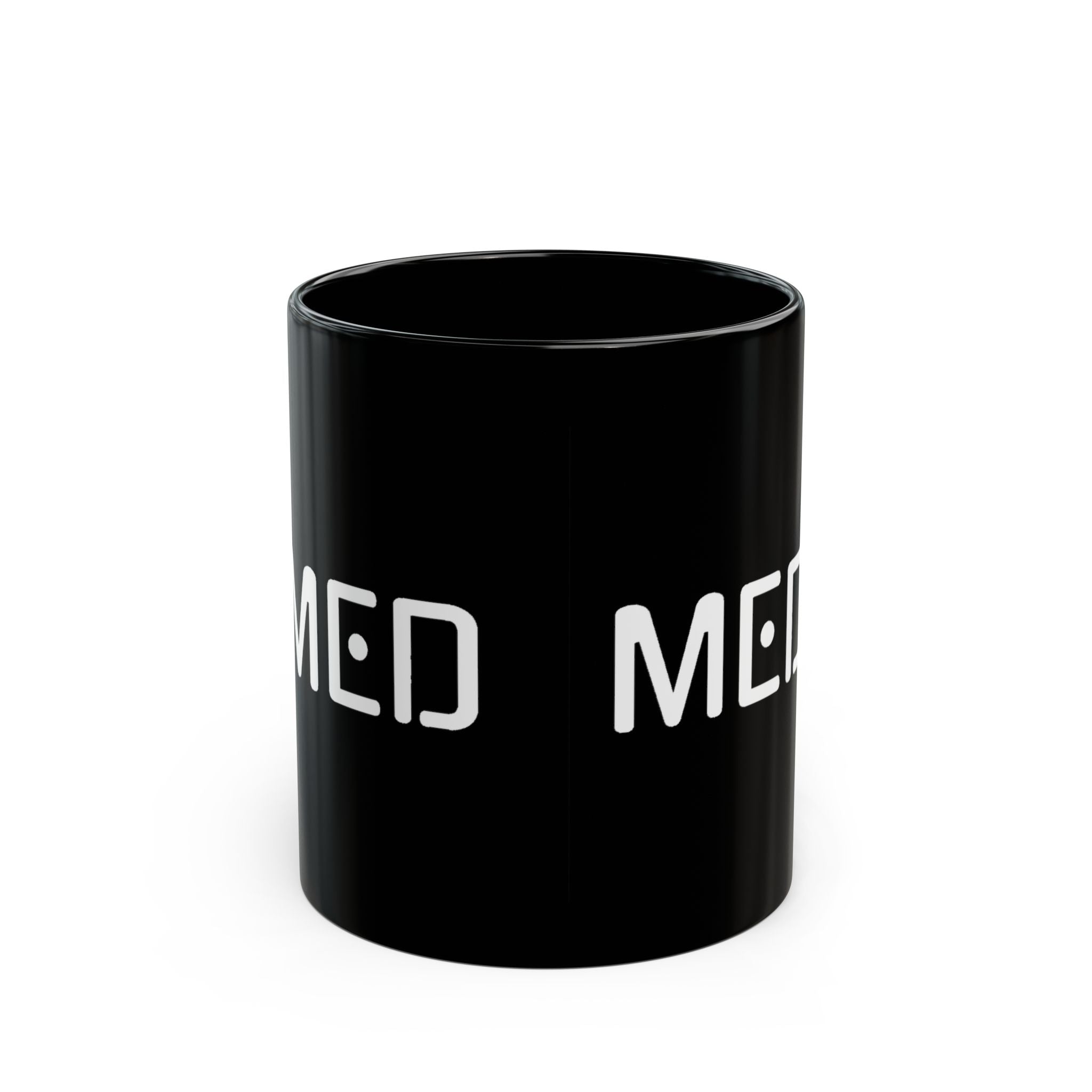 Black mug with 'MED' printed on a white background