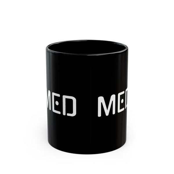 Black mug with 'MED' printed on a white background