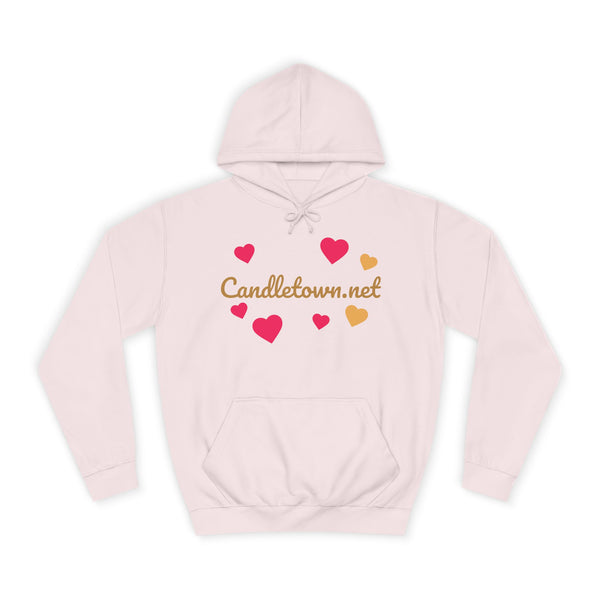 Pink hoodie with heart designs and 'Candletown.net' text on a white background