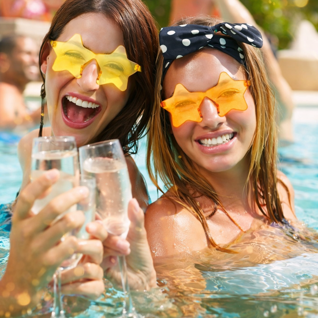 Two women in a pool with sunglasses and champagne glasses, enjoying a sunny day.