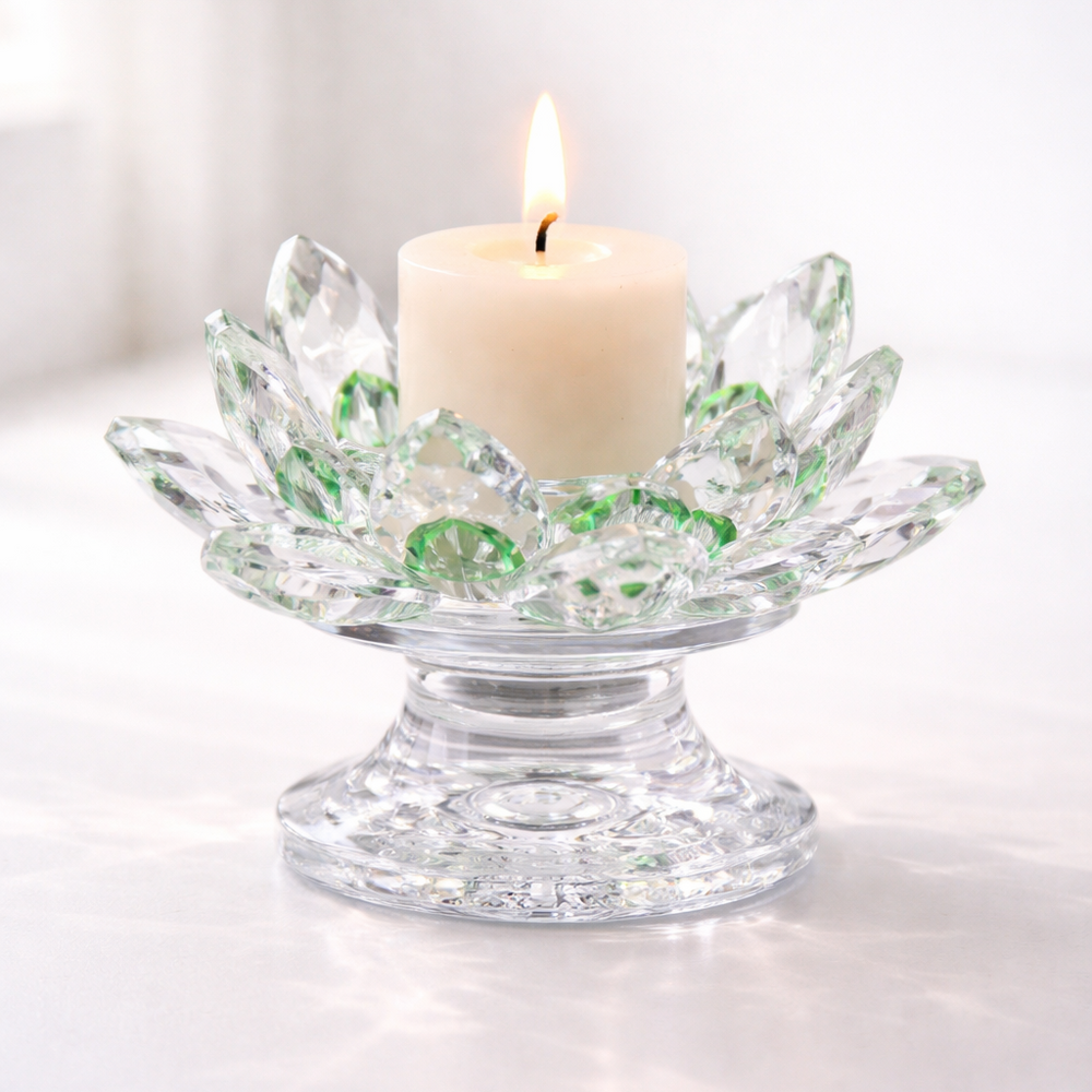 Crystal candle holder with a lit candle on a white background