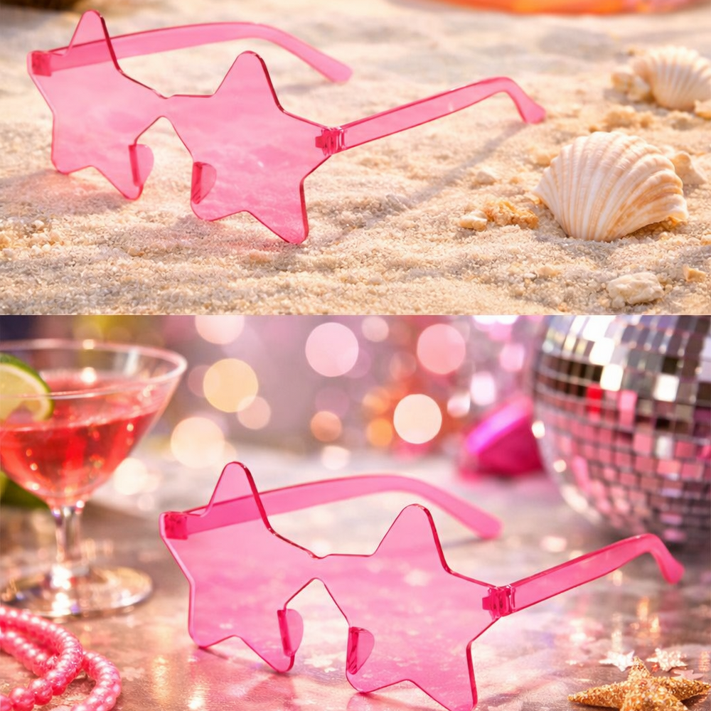 Pink star-shaped sunglasses on a beach with shells and a drink, and on a disco-themed table with a mirror ball.