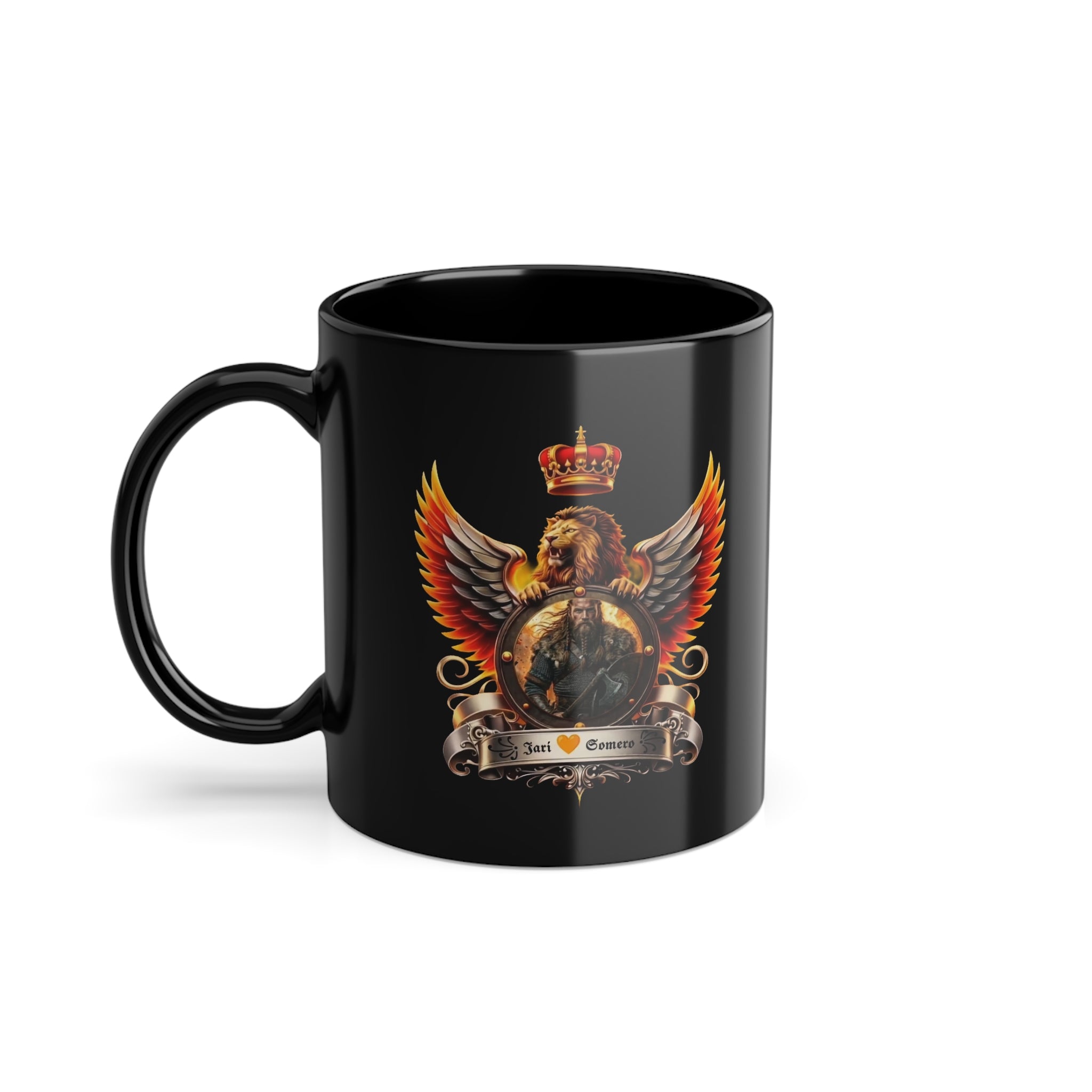 Black mug with a lion emblem featuring wings and a crown on a white background