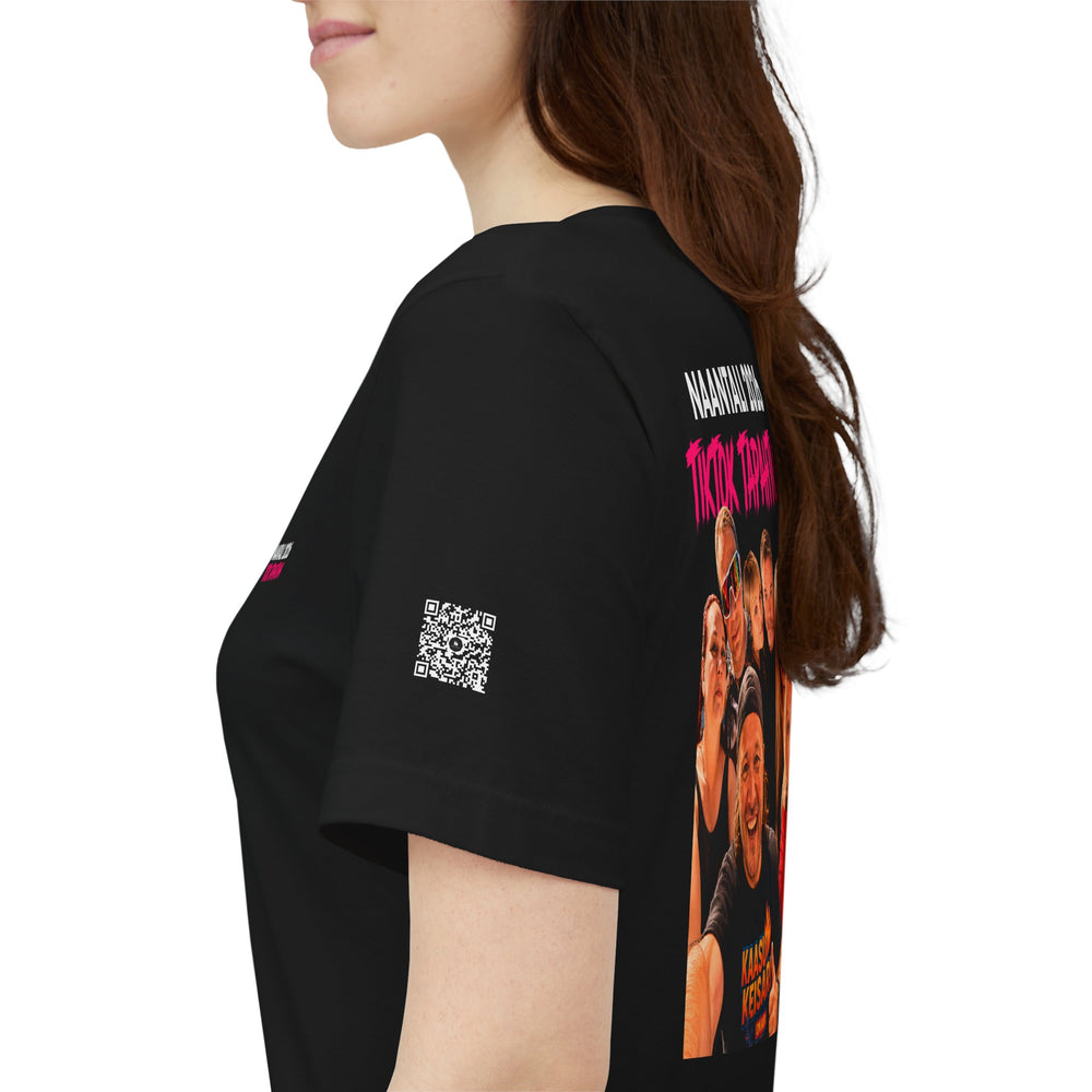 Black t-shirt with graphic design and QR code on the back, worn by a person.