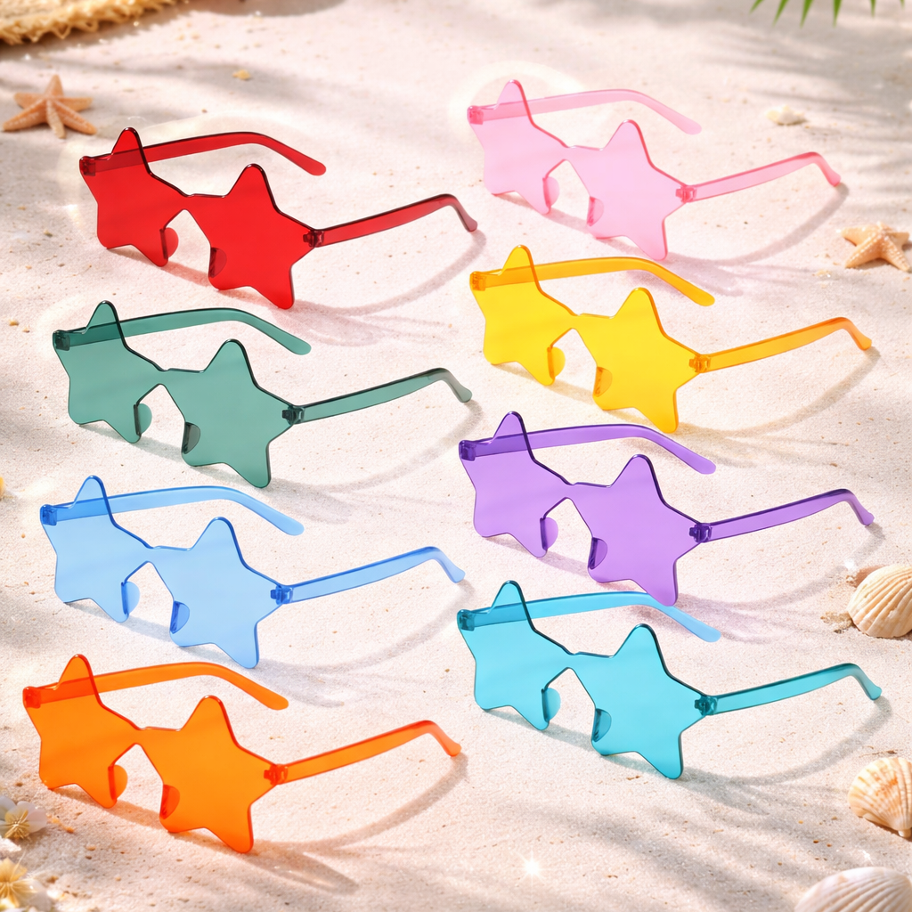 Colorful star-shaped sunglasses on a sandy surface with beach elements.