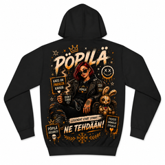 A black pullover hoodie shown from the back, featuring a large, detailed graphic print in orange, gold, and white. The graphic includes the text 'PÖPILÄ' and various illustrated elements like a rabbit, skull, and stars.