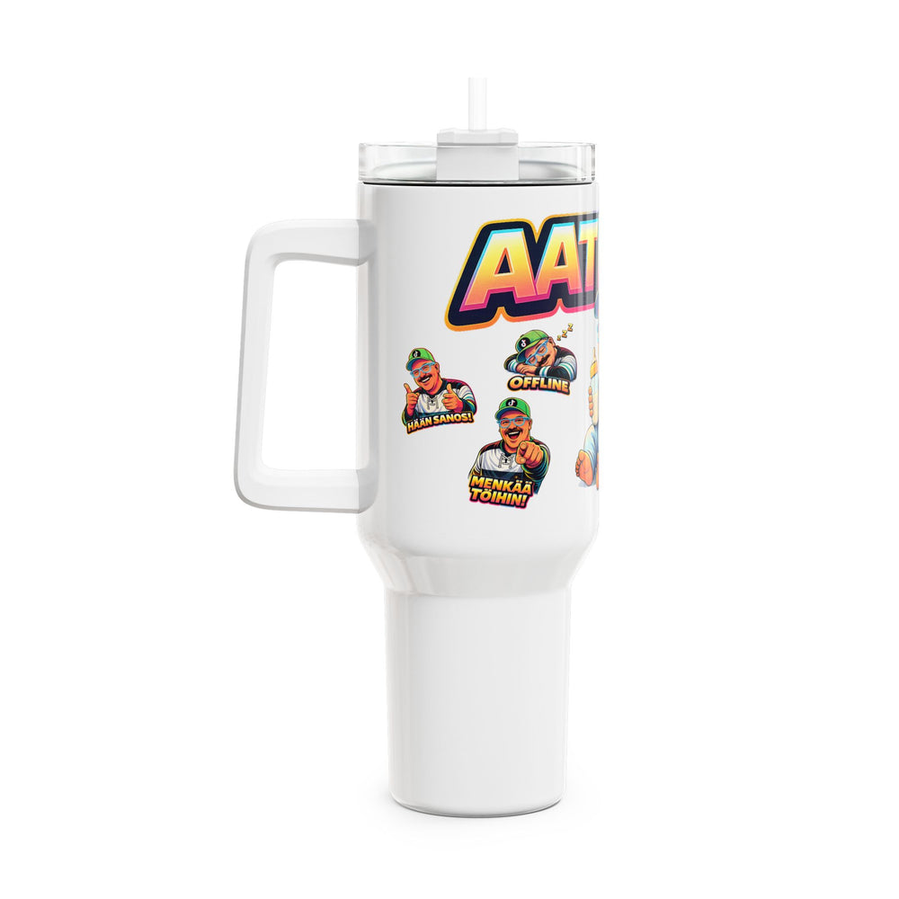 White travel mug with colorful graphics and text on a white background