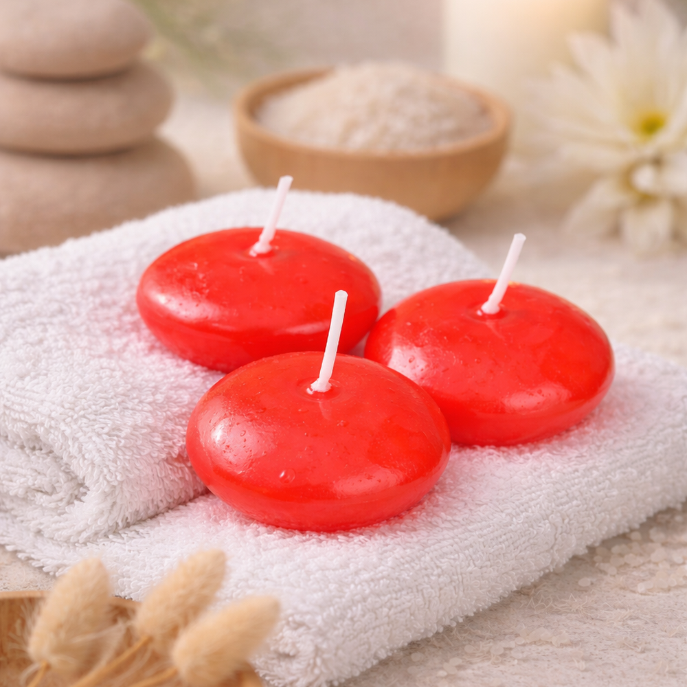 Three red floating candles on a white towel with a blurred background